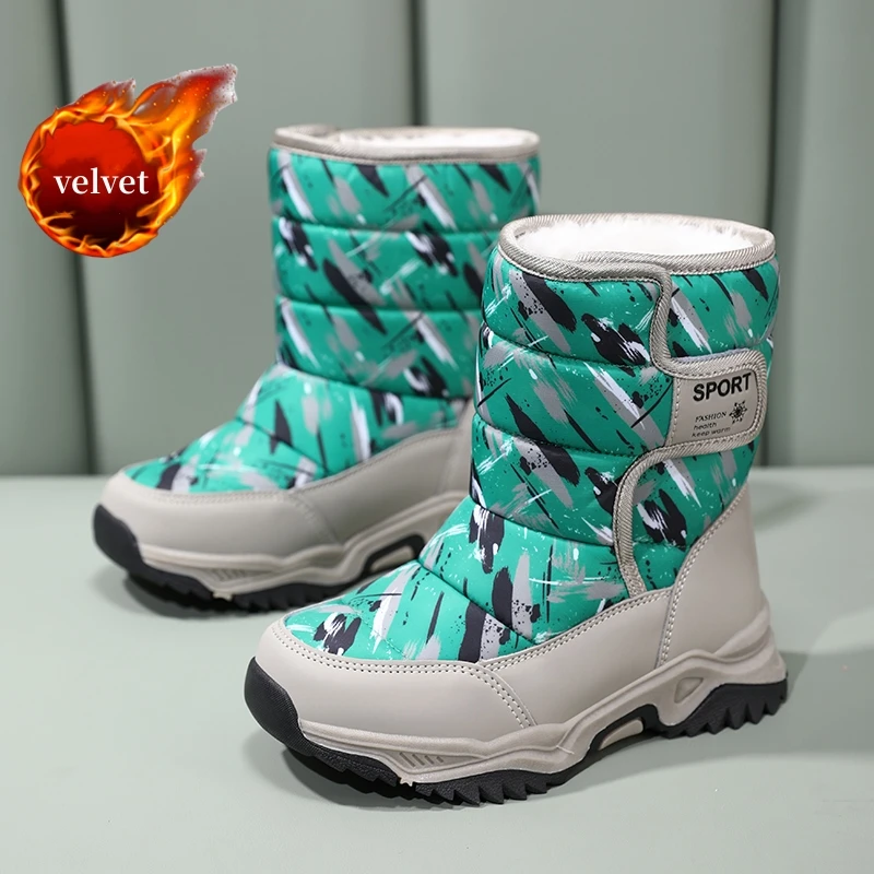 

Velvet Winter Boots Boys Girls Waterproof Fabric Children's Snow Boots Warm Plush Non-Slip High Top Sneakers Kids Outdoor Boots