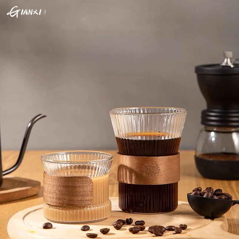 GIAXNI Vertical Design Coffee Cup Wood Ring Anti-Scalding High Borosilicate Glass Home American High Temperature Coffee Cup