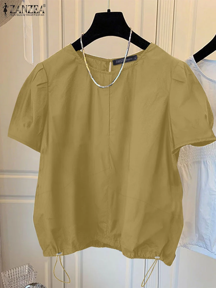 

ZANZEA модные асимметричные топы со швом с короткими рукавами-фонариками, женские шикарные блузки с круглым вырезом, элегантные уличные блузки на шнуровке