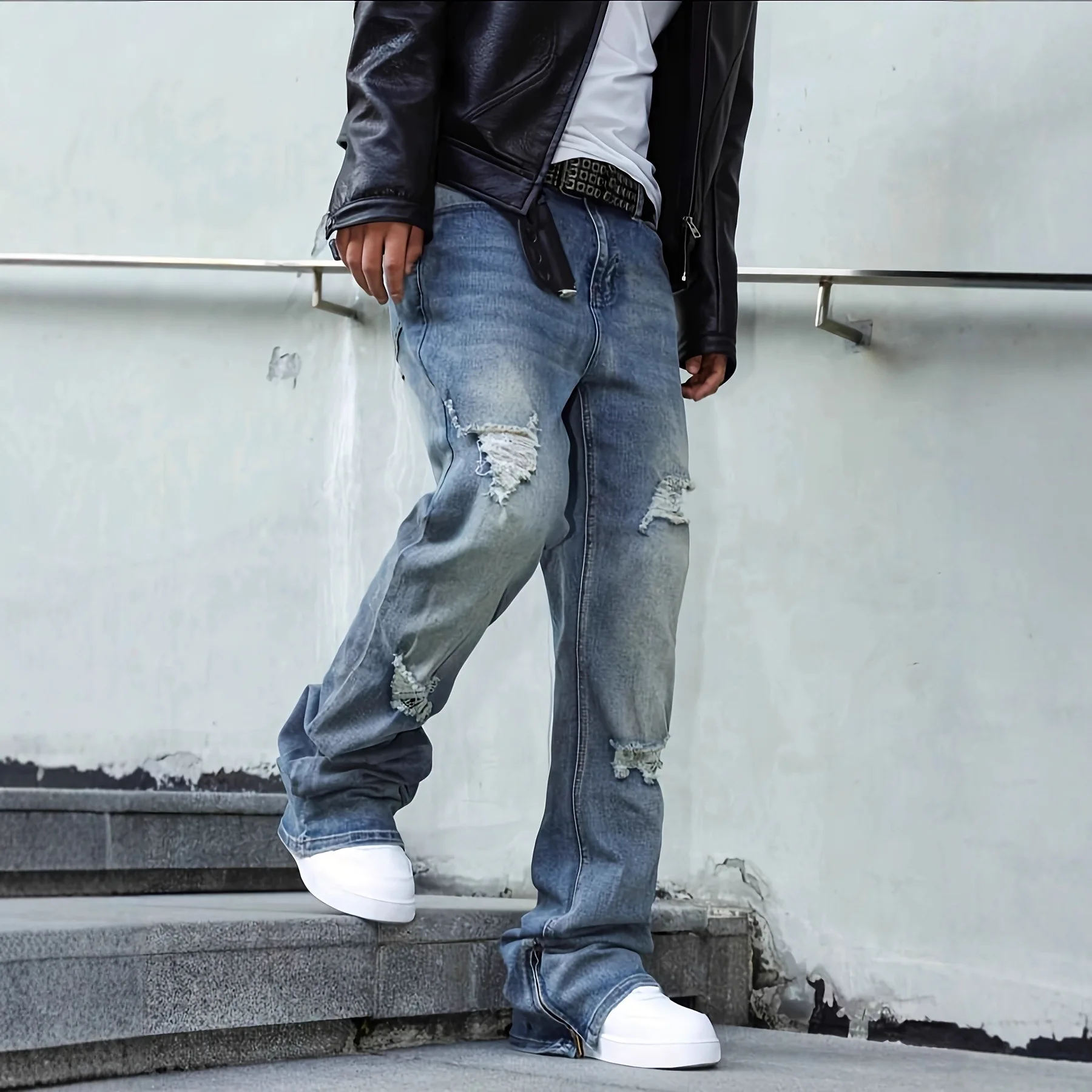 American High Street Style New Fashion Men Blue Black Loose Straight Simple Basic Casual Daily Hole Patched Denim Trousers Male