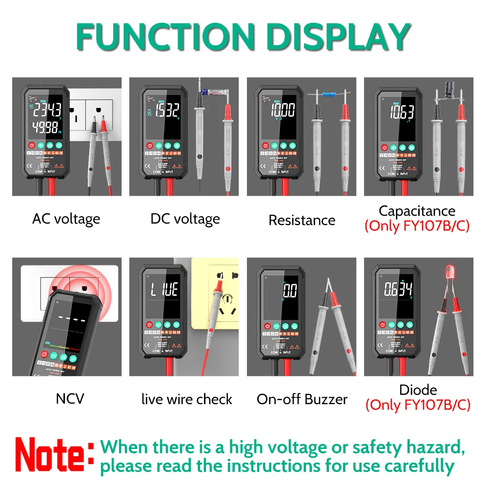 FY107A/107C Digital Multimeter Smart DC AC Voltage Capacitor ohm diode NCV HZ multi Taster transistor 6000count detector Meter