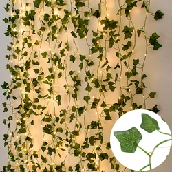 10m/5m/2m Green Leaf Garland LED String Light Fake Plant Greenery Leaves Ivy Hanging Vines For Wedding Home Wall Decoration Xmas
