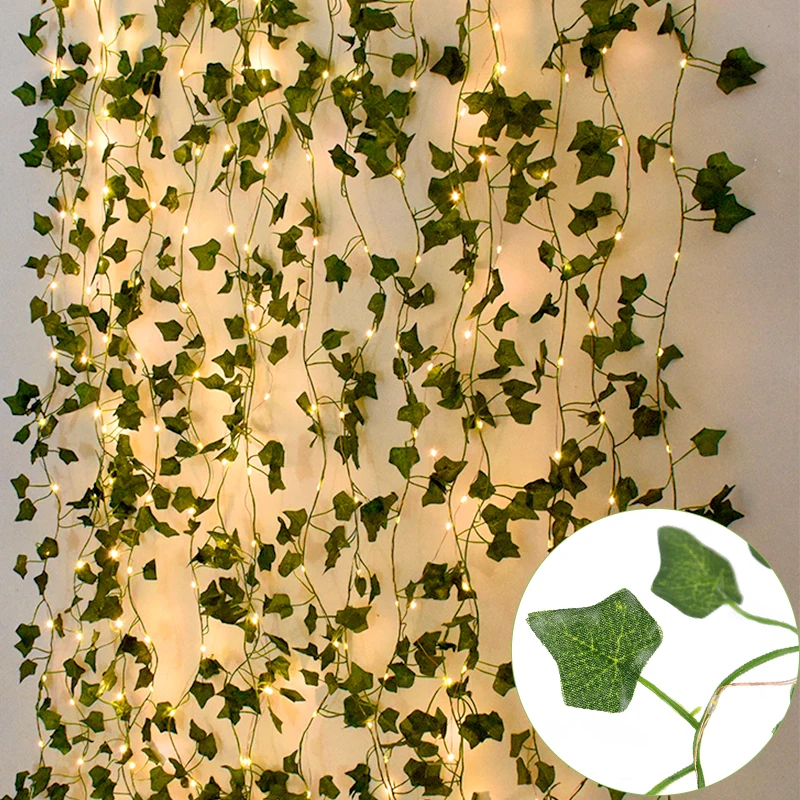 10m/5m/2m Green Leaf Garland LED String Light Fake Plant Greenery Leaves Ivy Hanging Vines For Wedding Home Wall Decoration Xmas