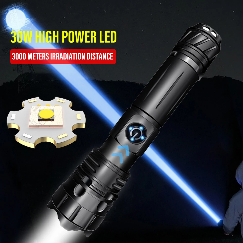 

High Power LED Flashlight Waterproof Spotlight 3000m Long Lighting Distance 18650 Torch USB Rechargeable Zoom Outdoor Lantern