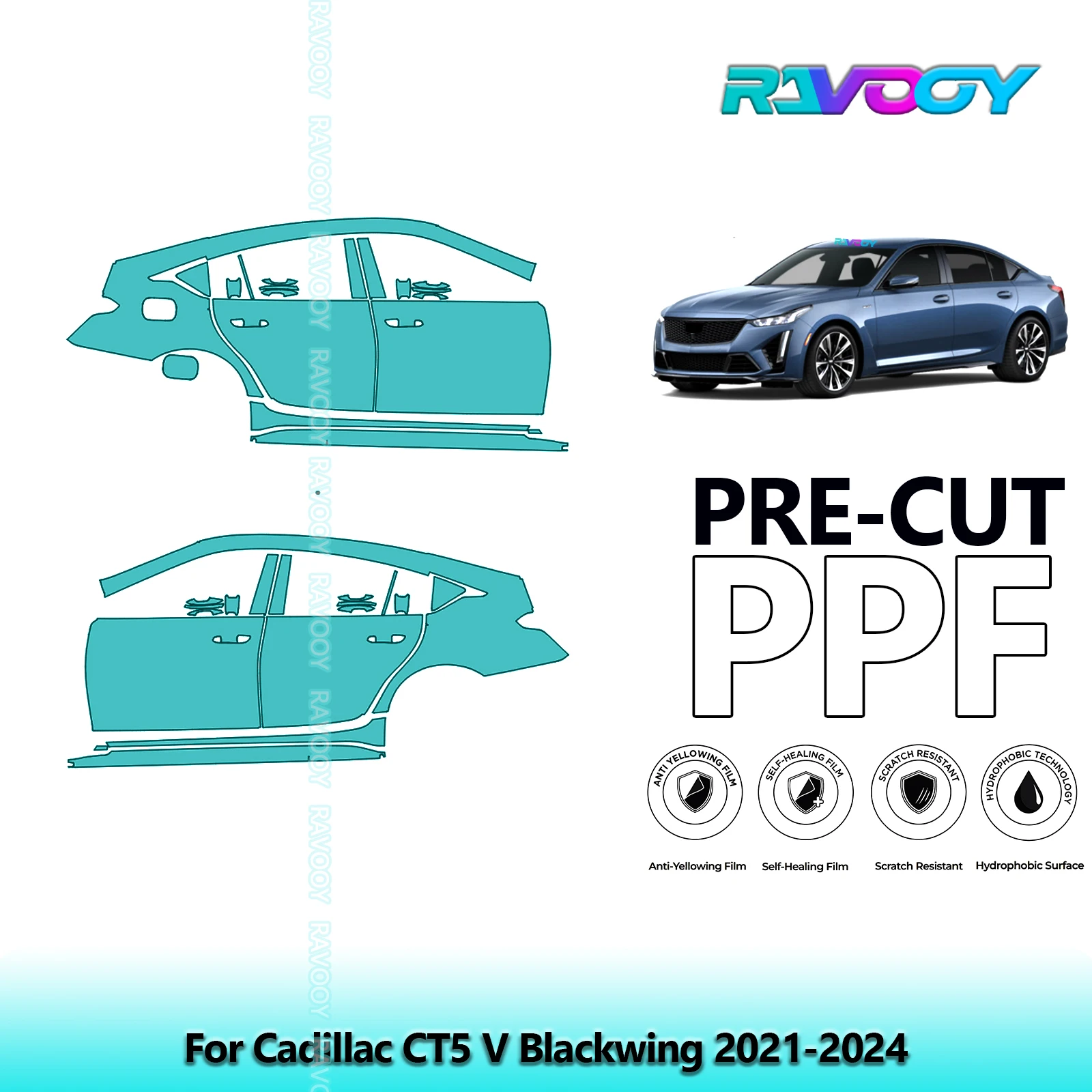 

For Cadillac CT5 V Blackwing 2021-2024 8.5mil Clear Matte Pre-Cut PPF Door & A/B Pillar Kit TPU Paint Protection Film Set