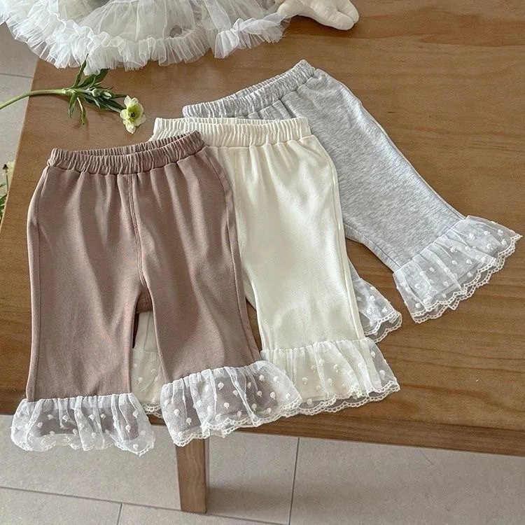 Baby girl bell bottom pants with lace lace hem  girls' Korean version versatile and stylish casual pants new style