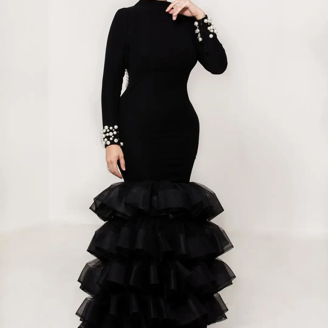 

Backless Pearls Luxury Evening Dresses Prom Party Formal Occasion Dresses Black Long Sleeves Mermaid Fashion Customized