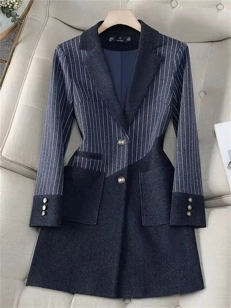 

Весенне-осенний новый женский шерстяной пиджак в полоску с длинными рукавами, офисная женская рабочая одежда, пиджаки, женские ветровки, верхняя одежда