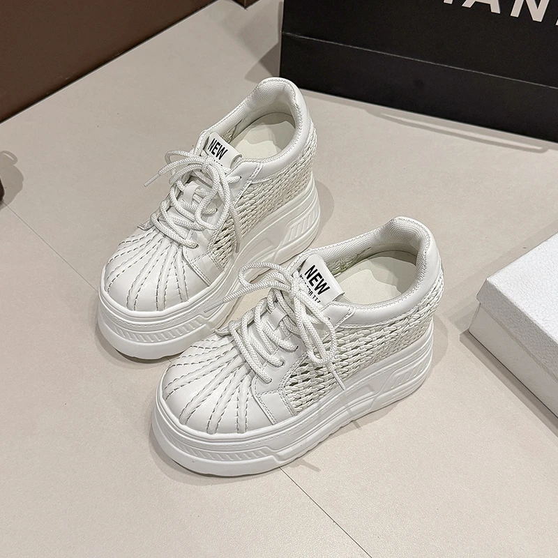 2026 New Summer Women's Leather Sneakers High Platform Lace-up Casual Shoes Hollow out 12CM Heels Walking Shoes Zapatos Mujer view 2
