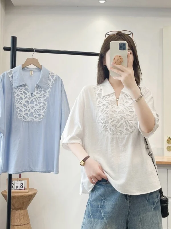 

plus Size Women's Casual Style Shirt Hollow out Lace Splice Short Sleeve Turn down Collar Loose Top Color Half Sleeve