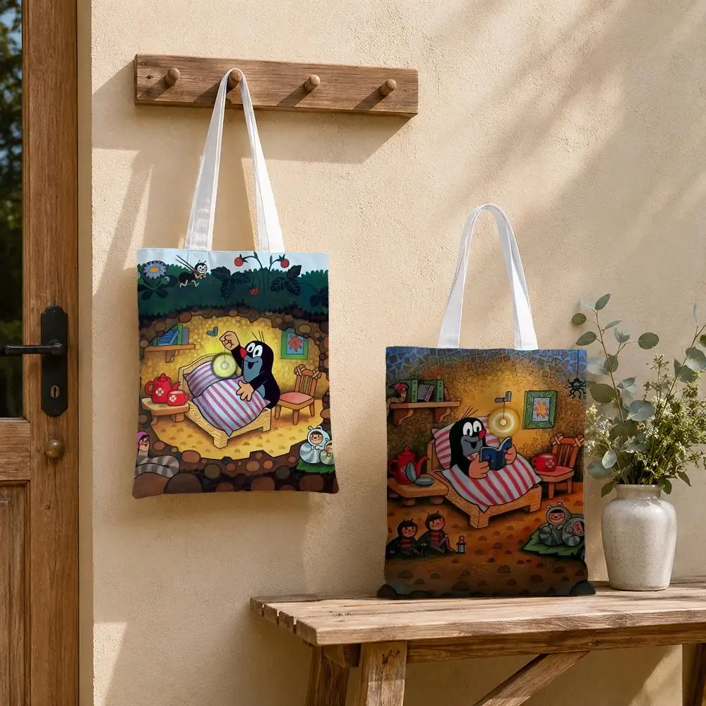 Cartoon The Little M-Mole Art Storage Bags Large Structured Canvas Tote Bag Reusable Shopping Shoulder Bag Casual Handbag 2