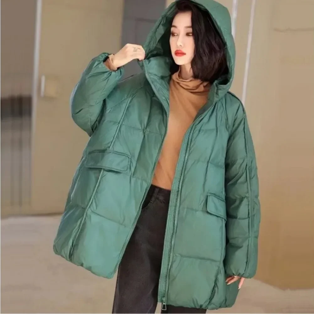 Oversized down jacket women\'s casual loose parka pocket coat New winter women\'s white duck down jacket hooded plus size warmth