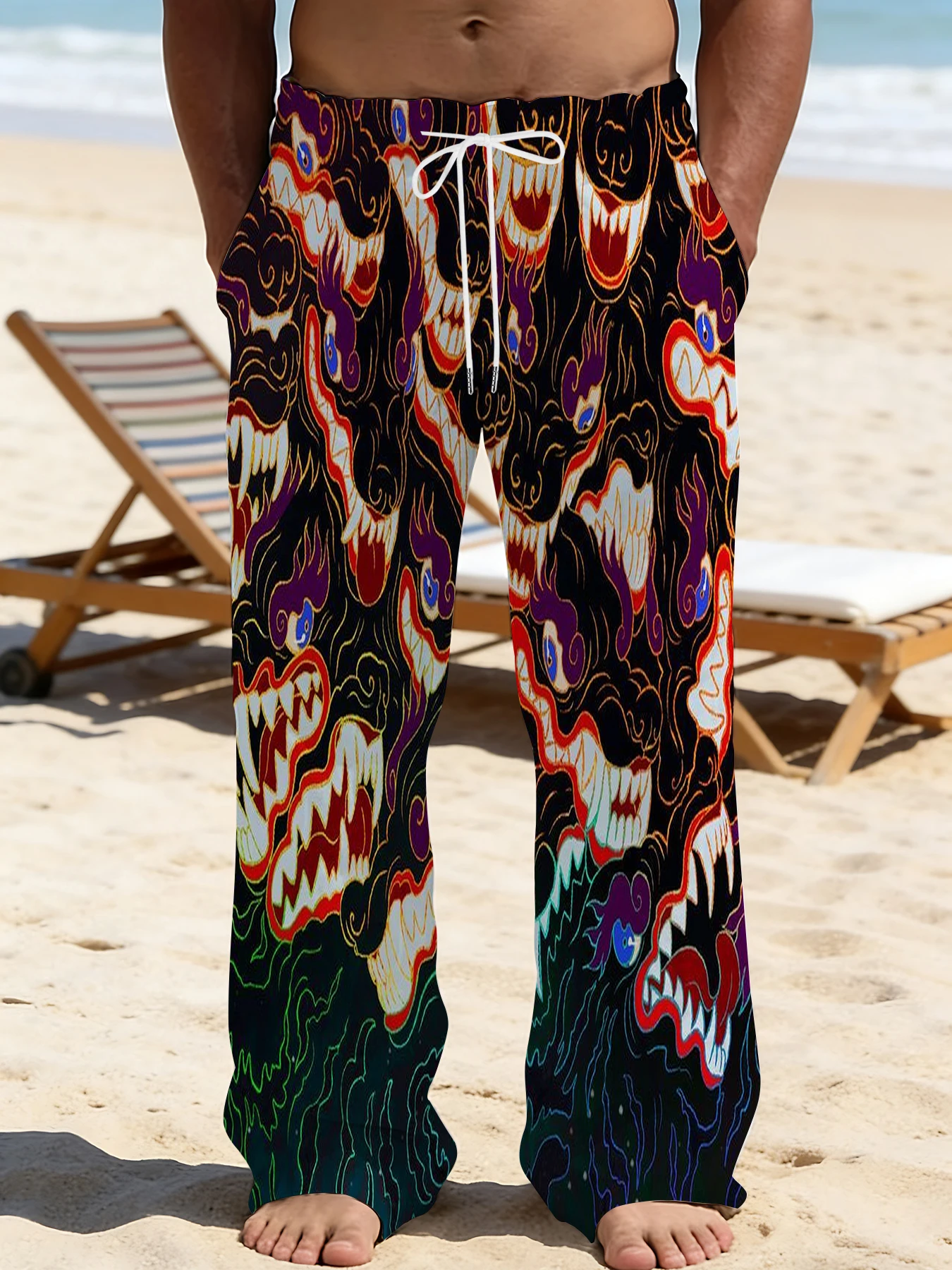 

Men's Printed Straight Leg Pants Abstract Art Design Drawstring Waist Loose Fit Summer Beach Casual Vacation Travel Trousers