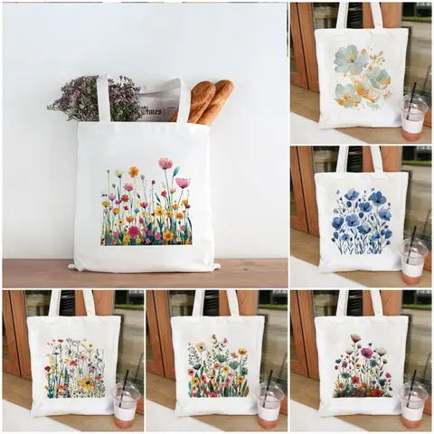 Chic Grass and Floral Print Canvas Tote Bag Trendy Functional Bag Ideal for Commuting Shopping and Carrying Daily Necessities