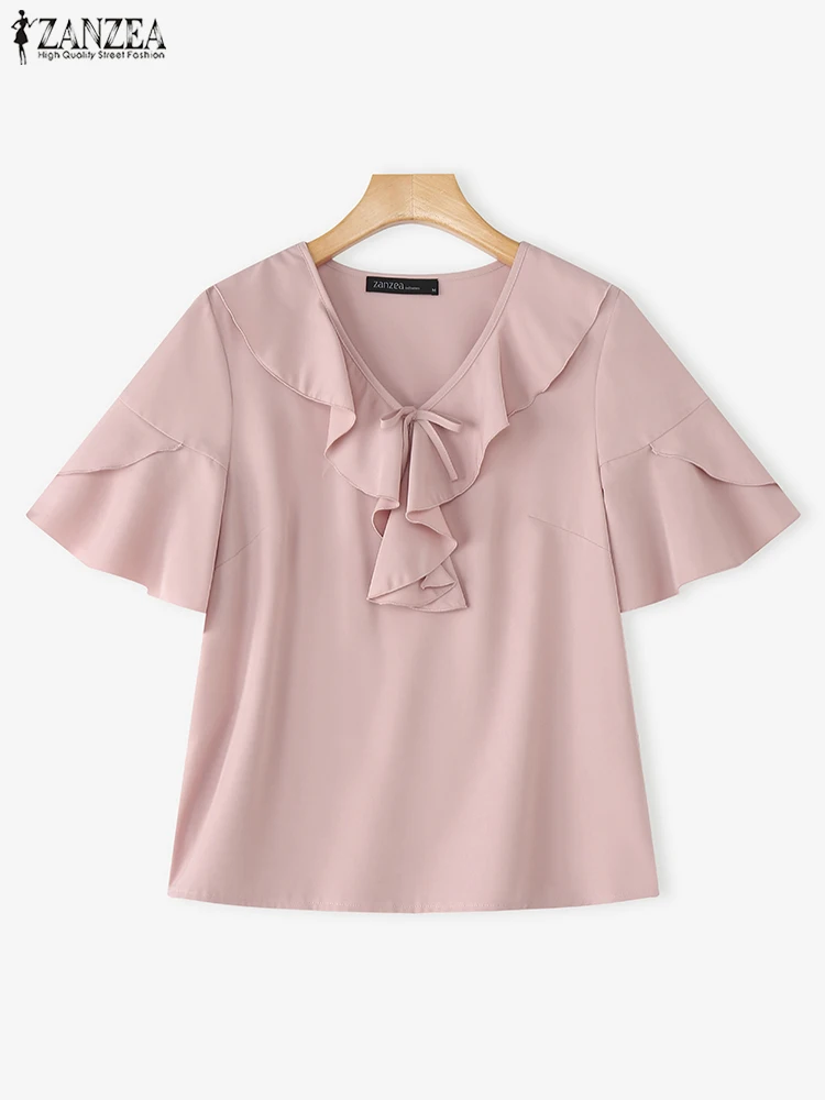 ZANZEA Fashion Blouse Women Elegant V Neck Tops 2025 Fashion Ruffled Tunic Solid Color Casual Loose Summer Pullovers Oversized