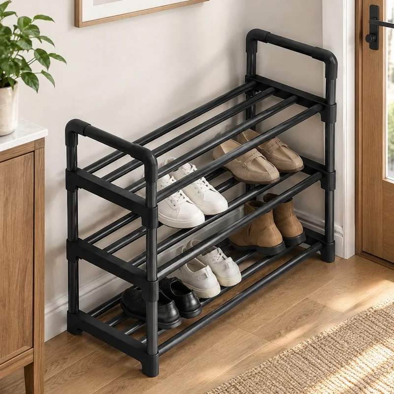 Compact Black Shoe Rack with Multiple Levels for Efficient Entryway and Dormitory Storage