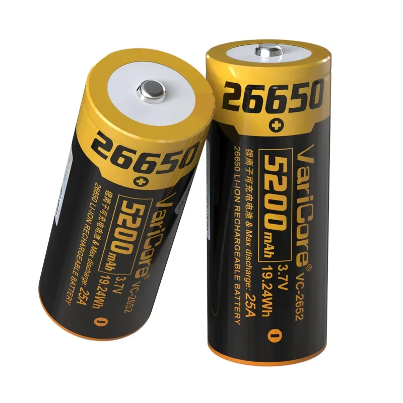 Rechargeable 26650 Lithium Battery VC-2652 3.7V 5200mAh 25A Cell for Strong Light Flashlight, No PCB Flat Top view 4