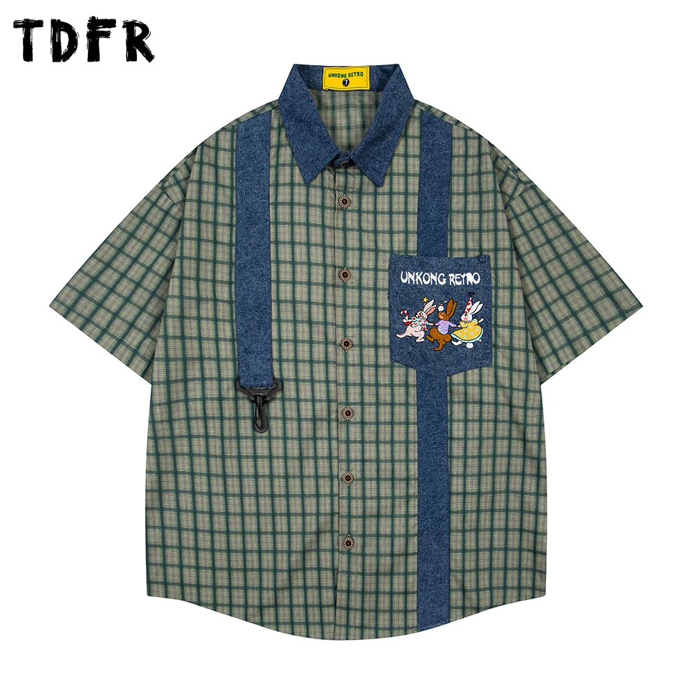 Patchwork Plaid Short Sleeve Shirts Mens Cartoon Embroidery Summer Retro Casual Spliced Lapel Single Breasted Half-Sleeve Shirts