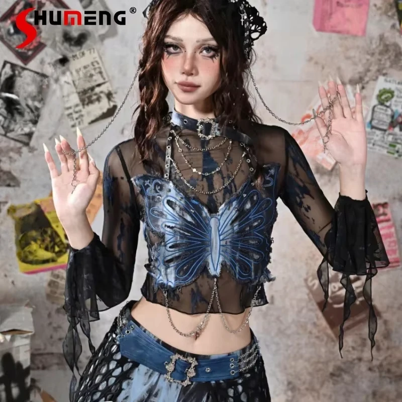 2024 Autumn Y2k T-shirt Girl Punk Rivet Chain Butterfly Tube Top Mesh Bottoming Shirt Two-piece Set Women's Clothing Kawaii Tees