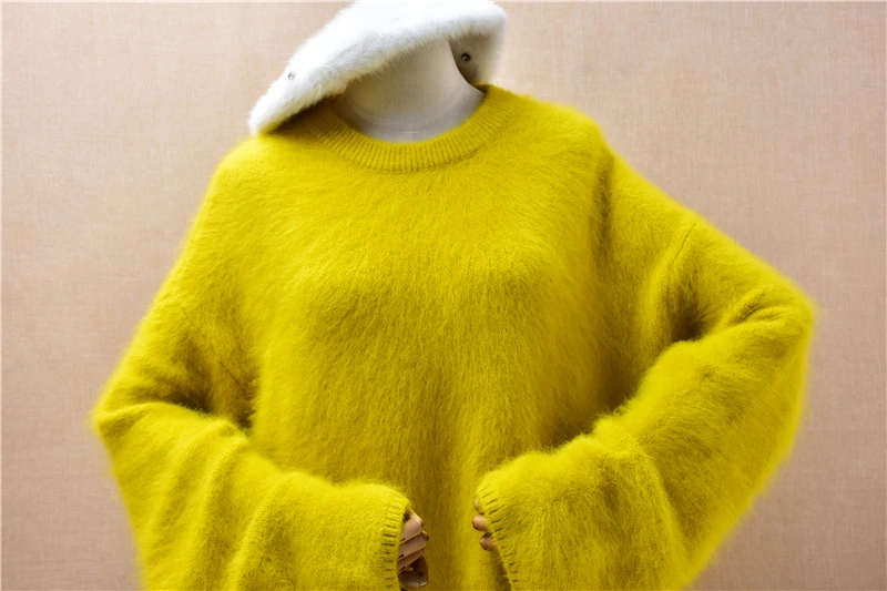 Women Mujer Autumn Winter Clothing Hairy Mink Cashmere Knitted O-Neck Long Sleeves Loose Pullover Angora Fur Sweater Jumper Pull