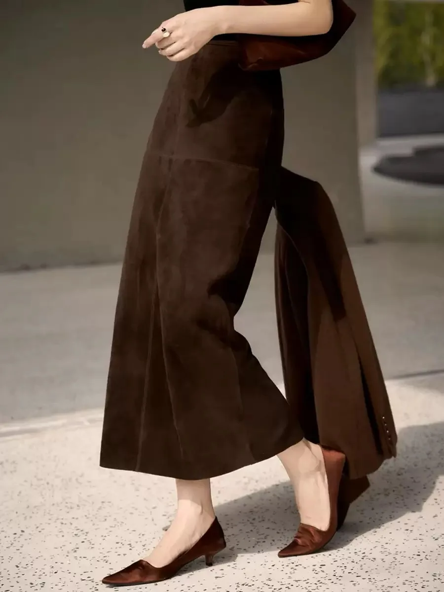 Retro High Grade Suede Real Leather Long Skirt 80cm For Women Upgraded Imported Jupe Back Split Waist Loop Faldas Ankle-Length