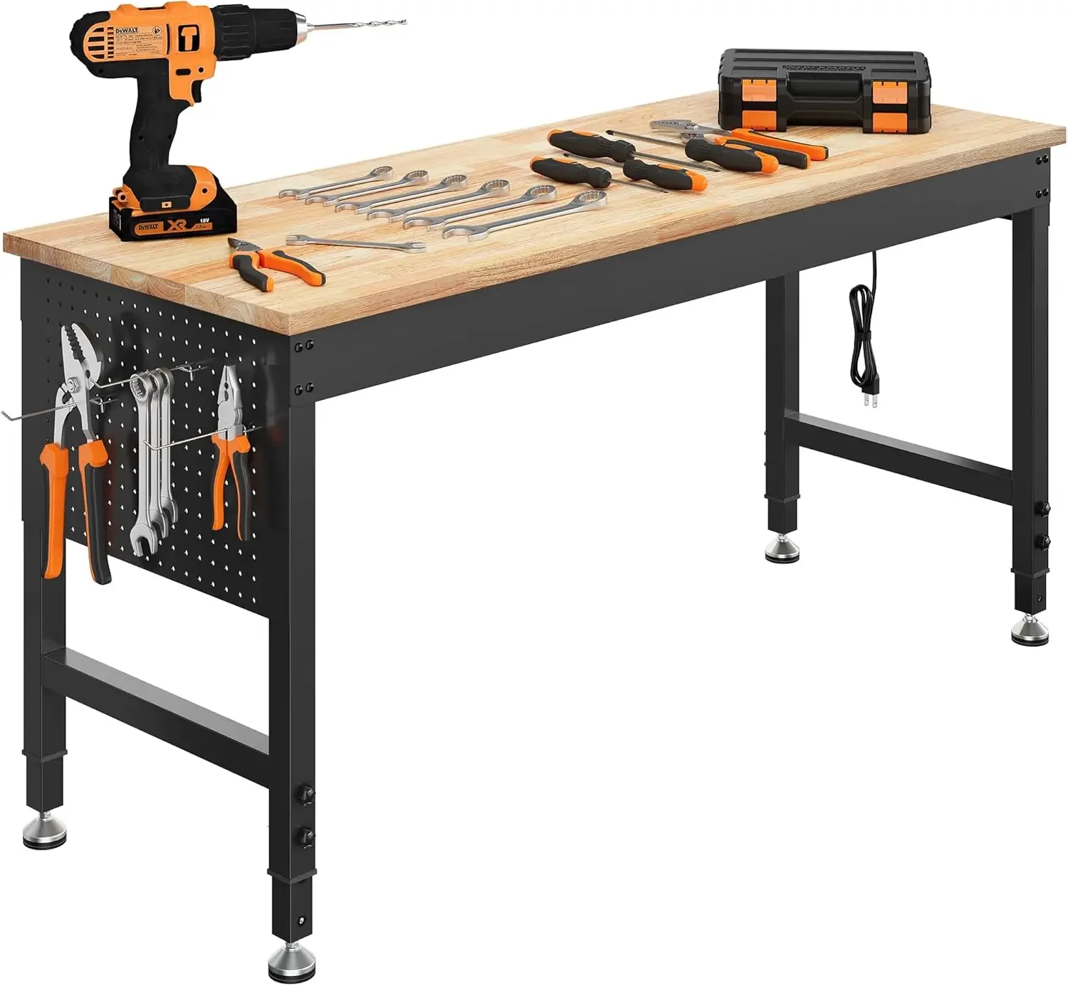 60" Adjustable Heavy Duty Workbench, 2000 LBS Load Capacity Rubber Wood Work Table with Pegboard, Power Outlets, Work Bench