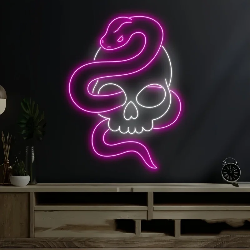 Skull Snake Neon Sign USB Dimmable LED Neon Light Dark Gothic Wall Decor for Rock Pub Garage Halloween Party Man Cave Decor Gift