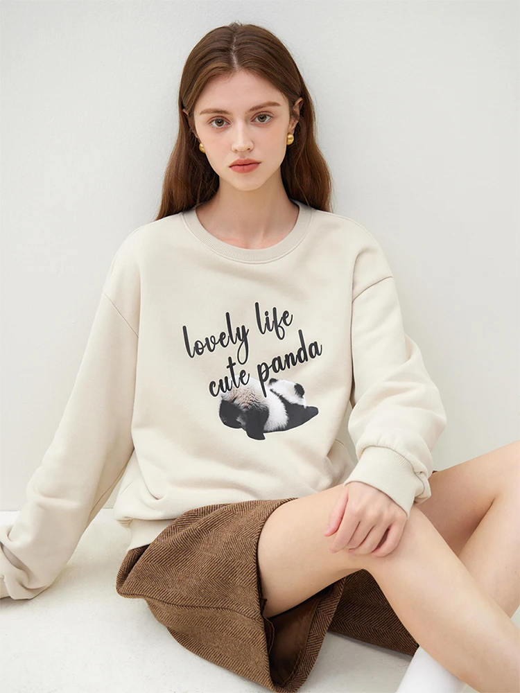 

FSLE Round Neck Drop Sleeve Almond Grey Women Sweatshirts Casual Letter Print Design Loose Female Fleece Tops