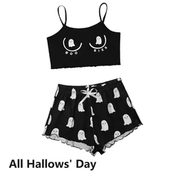 Women Pajamas Sleepwear Pajama Set Sports Camisole And Shorts S M L Black Cartoon Print Print Ventilate Casual Soft