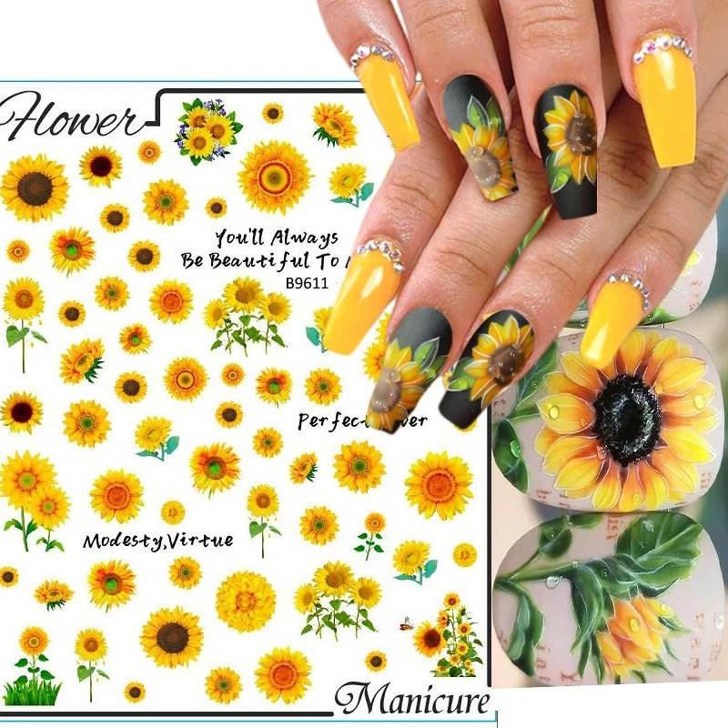 

1pc Sunflower Nail Stickers Spring Flowers Daisy 3D Nail Sticker Blossom Florals Nail Art Water Decals Transfer Foils Sliders ##