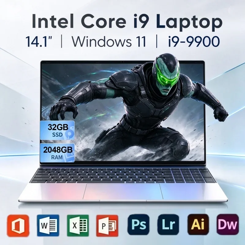 14.1 Inch Ultra Slim Laptop PC Intel I9 9900 Windows 11 32GB RAM 2TB SSD Notebook For Business Trip Work And Gaming