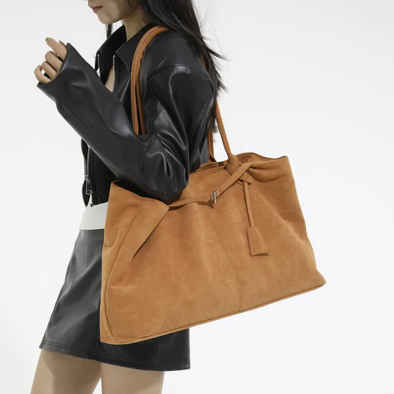 Women Suede Tote Bag Solid Color Shoulder Bag Large Capacity Handbags Trendy Satchel Bags Work Travel Shopping Commuter Tote Sac
