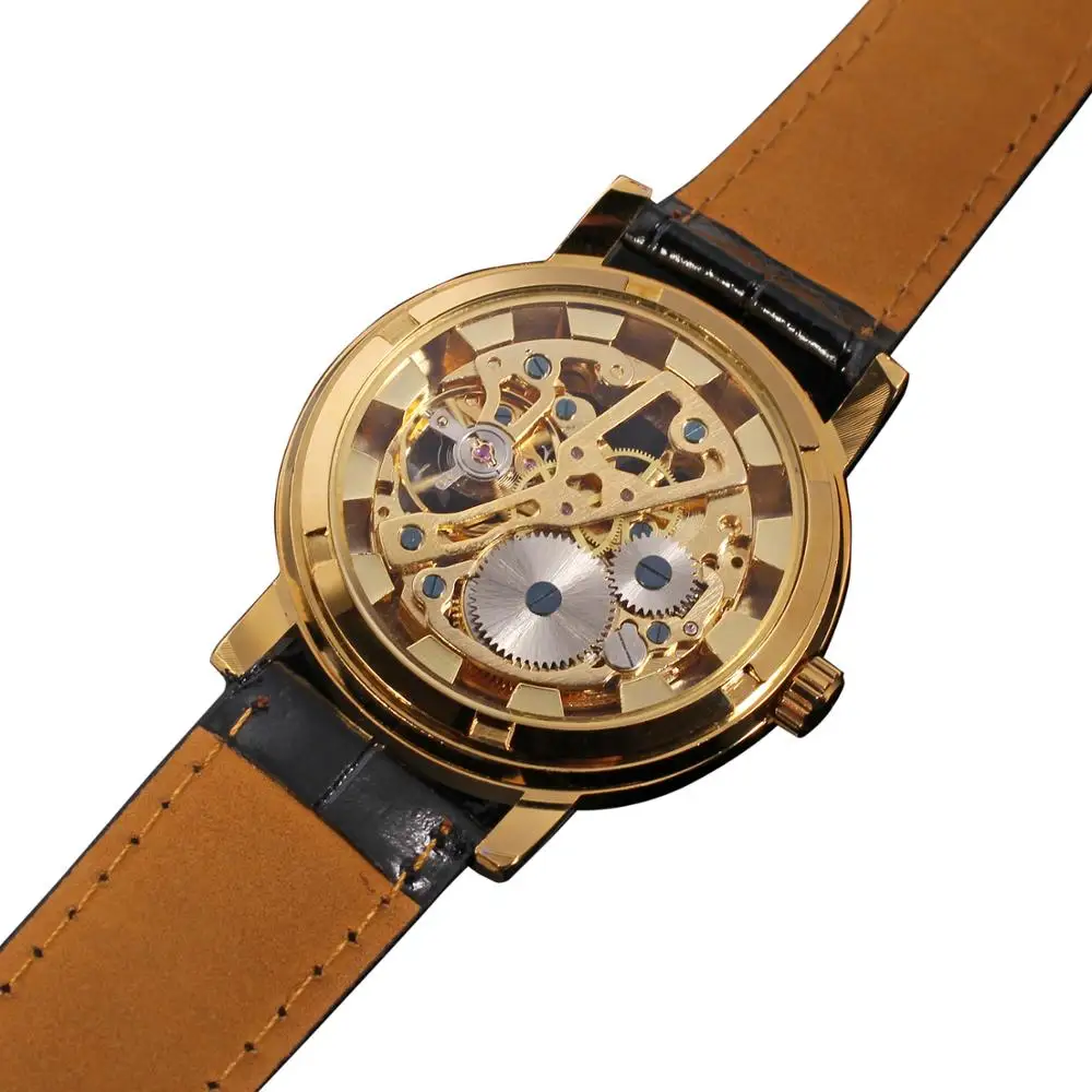 Luxury Brand New Style Transparent Golden Case Skeleton Dial Mens Hand Wind Mechanical Watch Black Leather Strap Nice Gift