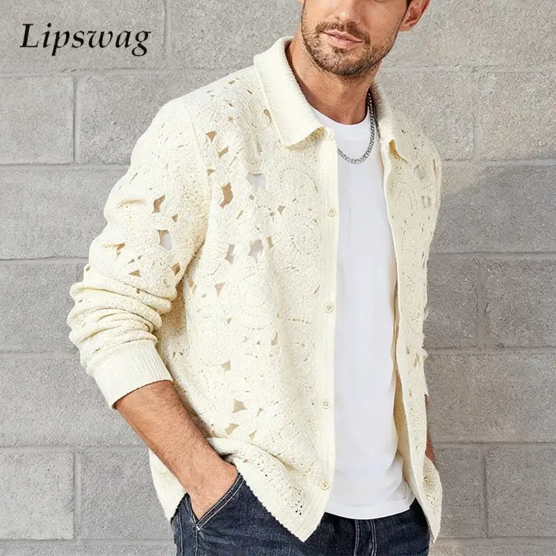 

Повседневные вязаные кардиганы с длинными рукавами, мужские весенне-осенние стильные вязаные куртки на пуговицах с лацканами, пальто, мужские винтажные рубашки с вышивкой