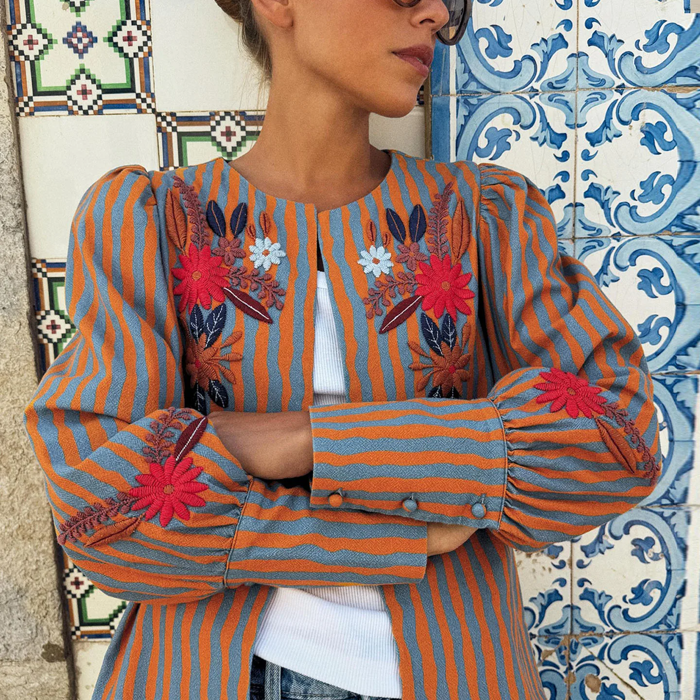 Summer Commute Style Women's Jacket round Neck Long Sleeve Embroidered Floral Striped Outerwear Straight Cut Button Detail