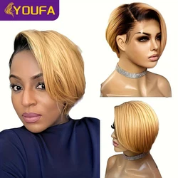 Ombre Blonde Pixie Cut Bob Lace Front Wigs Pre Plucked Dark Roots 1B/27 Color Short Bob Human Hair wigs 13x4x1 T Part Lace Wigs