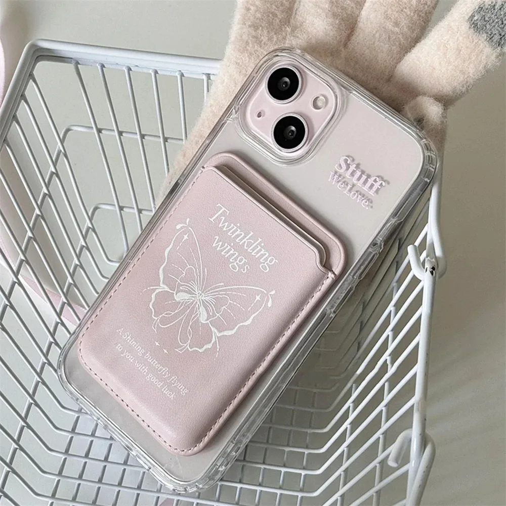 Y2K Magnetic Card Clip Butterfly Dustproof Wallet Card Holder Anti-Fingerprint Leather Phone Case for For iPhone 15 14 Pro Max