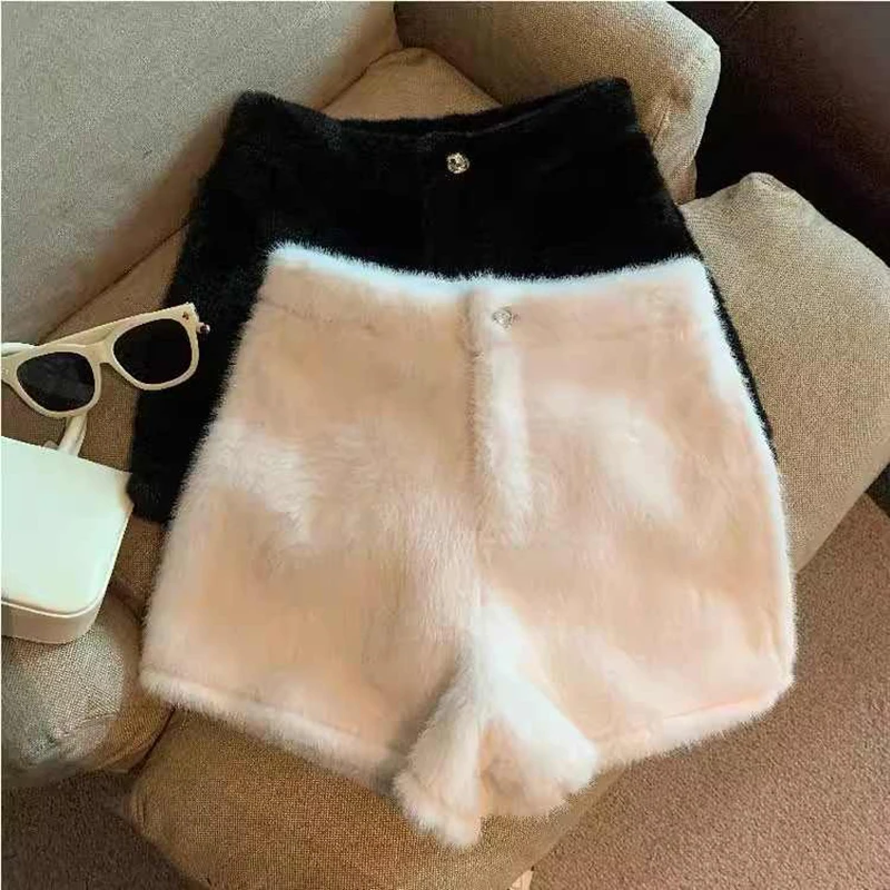 Fashion Plush Shorts For Women Autumn Winter New High Waist Zipper Imitation Mink Fur Shorts Vogue Popular Streetwear Shorts