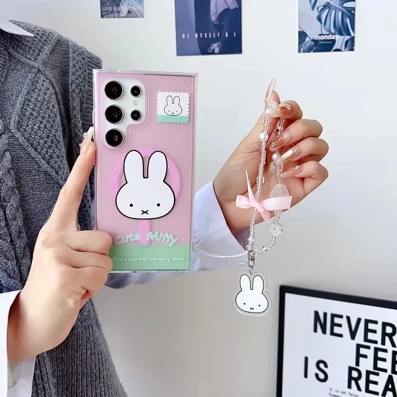 Cartoon Kawaii Pink Yellow Miffy Magsafe Wireless Charge Case For Samsung S23 S24 S25 S26 Ultra Plus Magnetic With Lanyard Cover