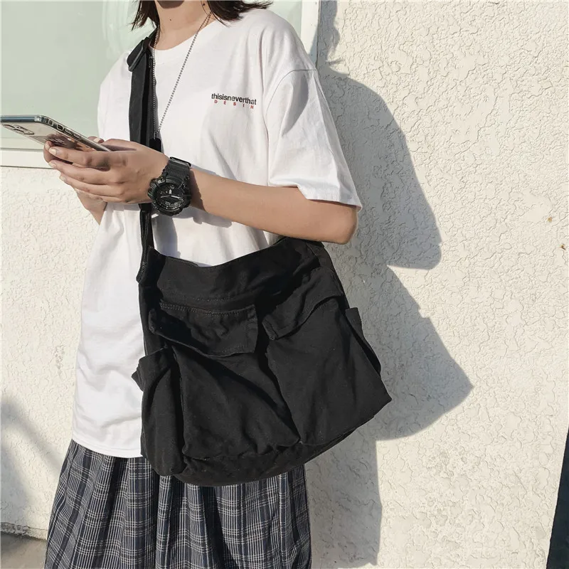 

Black Canvas Women's Bag Adjustable Strap Messenger Bag Y2K Shoulder Cross Bag Eco Bag Korean Shopper Satchel Large Murse School