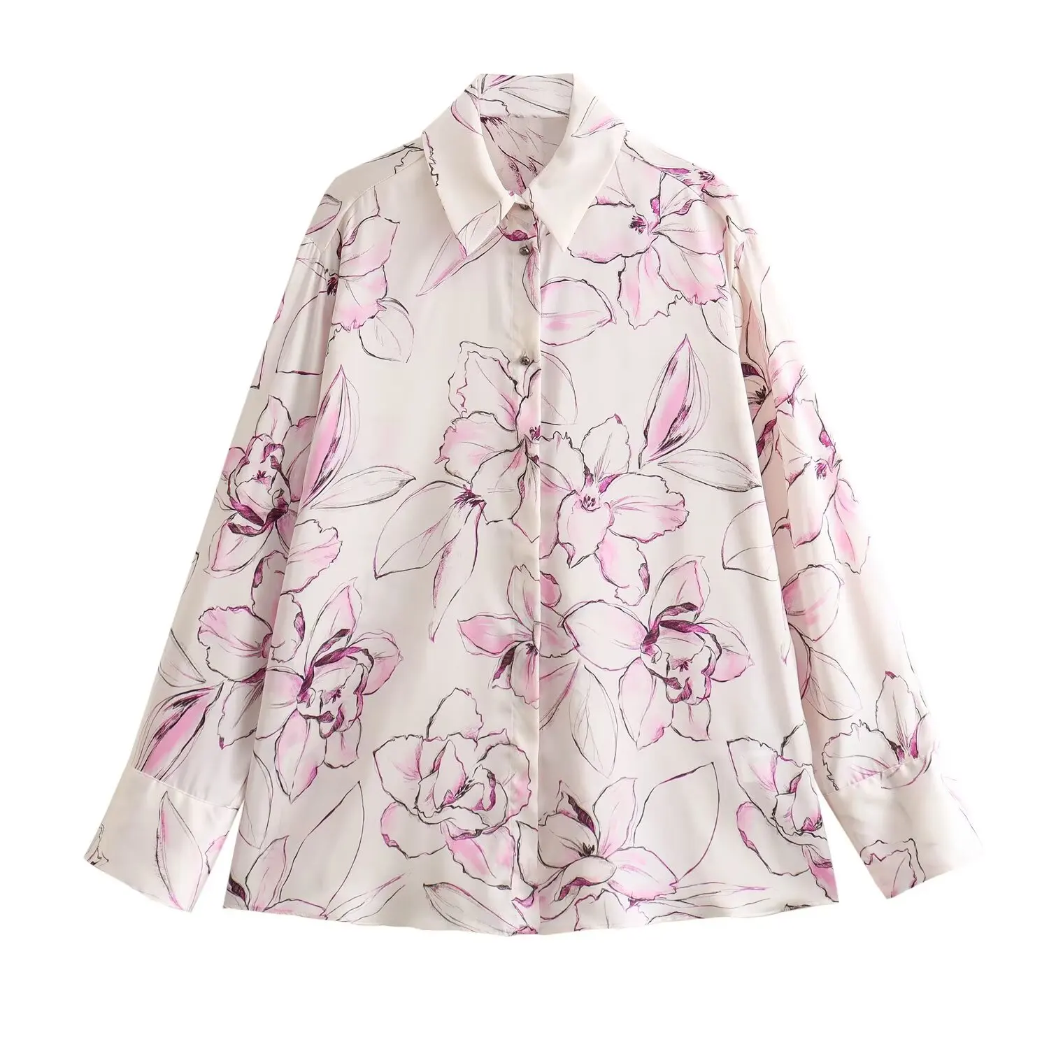 Taop & Za New Flower Shirt da donna popeline Texture Satin Printed Casual Top a maniche lunghe