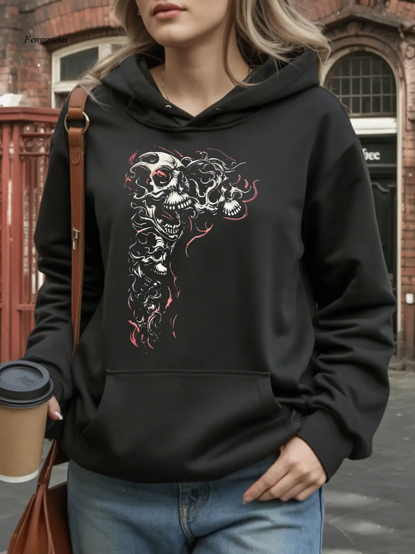 Moletom com capuz com estampa de caveira de demônio gótico – pulôver de lã com capuz com cordão, ajuste solto, calor de inverno casual