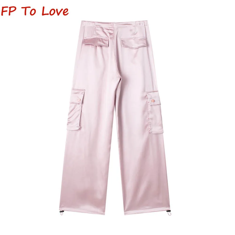 Y2K Satin Summer Cargo Pants Pocket Shiny Elegant Long Trousers Straight Casual Shirring Pink White Bloggers Outfit Chic