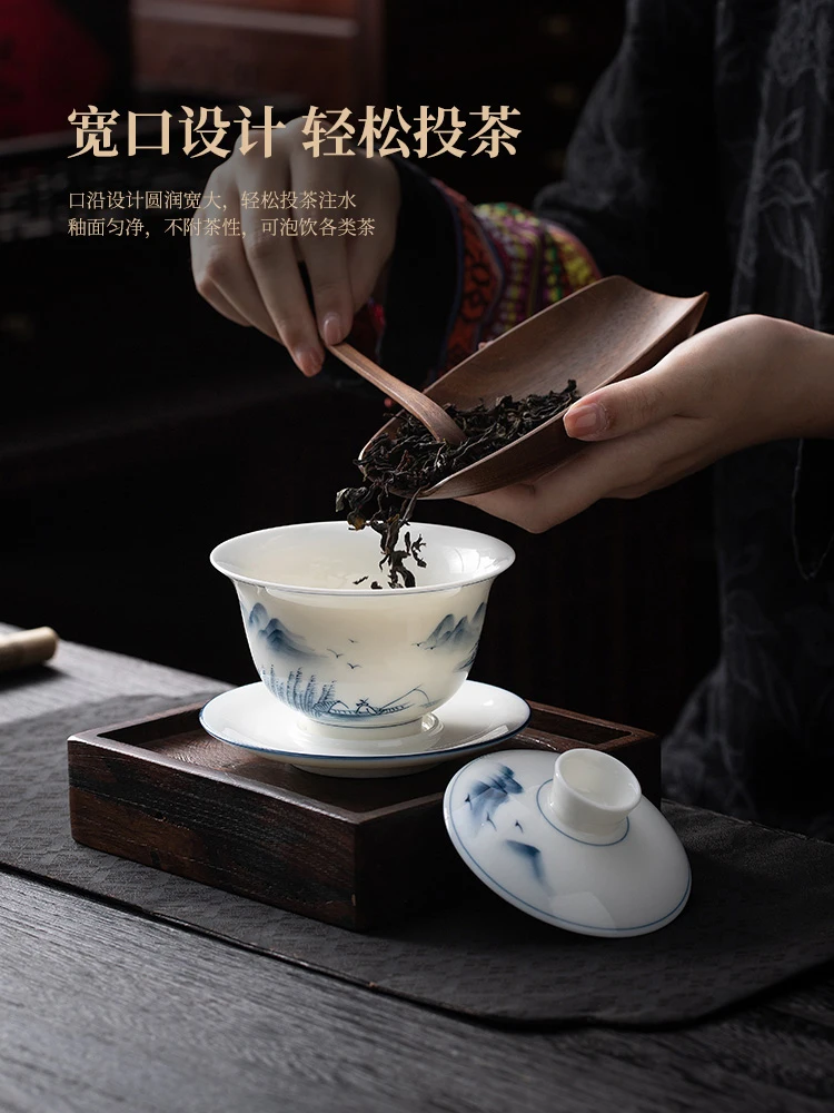 Jingdezhen Pure Hand Drawing Manual Teacup Single High-End Home Three Pieces Tea Making Bowl Tea Infuser Anti-Scald