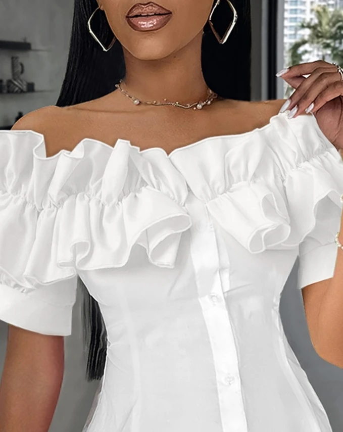 Women\'s Elegant Top 2024 Spring Summer Latest Casual Button Ruffles Asymmetric Hem T-Shirt Off The Shoulder Short Sleeve Blouses