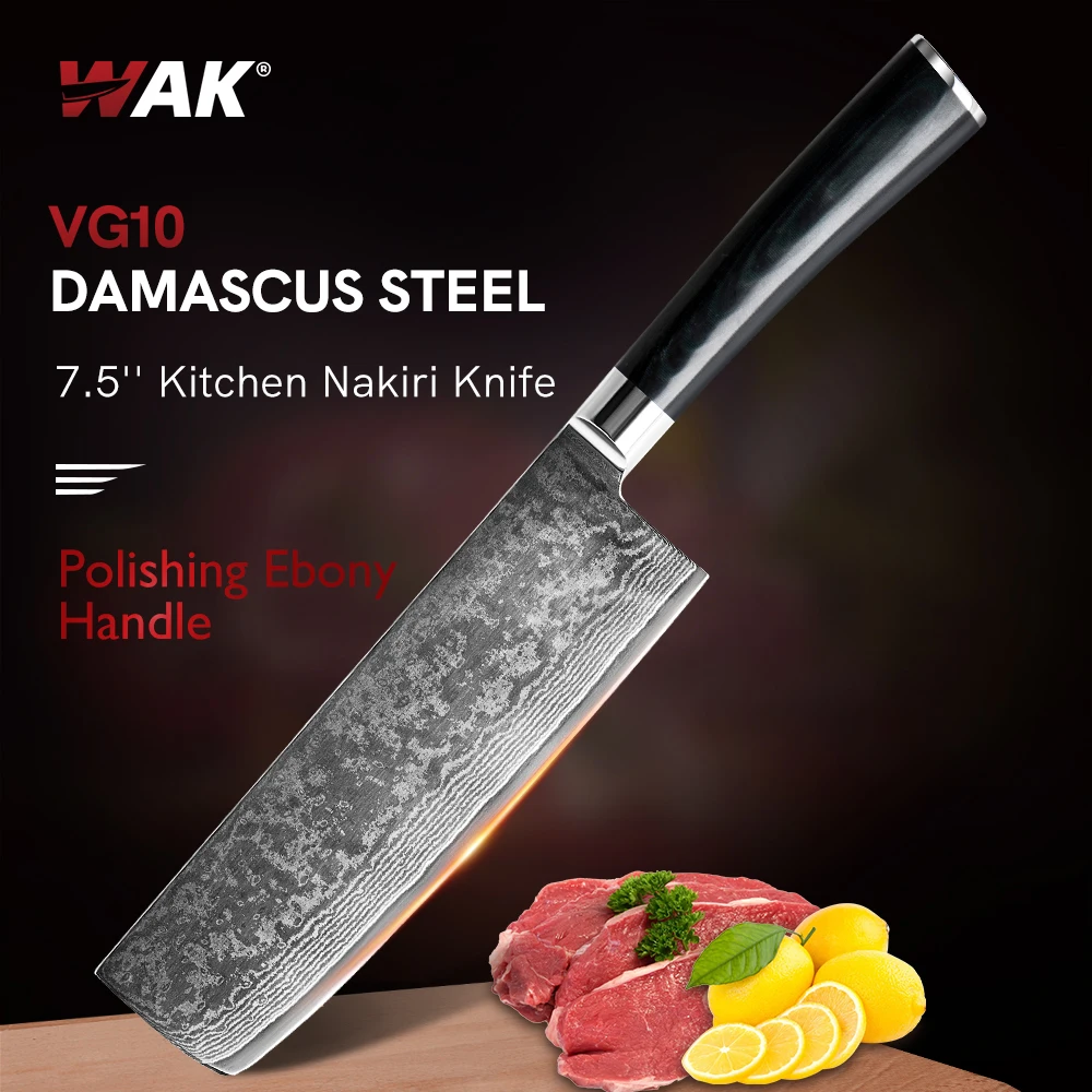 WAK Professional 7.5'' VG10 Steel Kitchen Nakiri Knife Sharply Kitchen Chef Knife Vegetable Fruit Knife Ebony Handle Knives