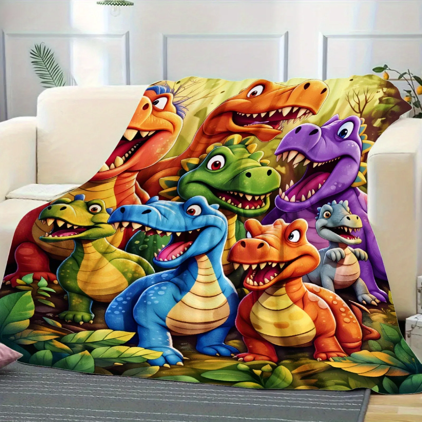 A Versatile And Warm Throw Blanket Featuring a Soft Cartoon Dinosaur Design for Use in Any Season on Your Couch, Bed