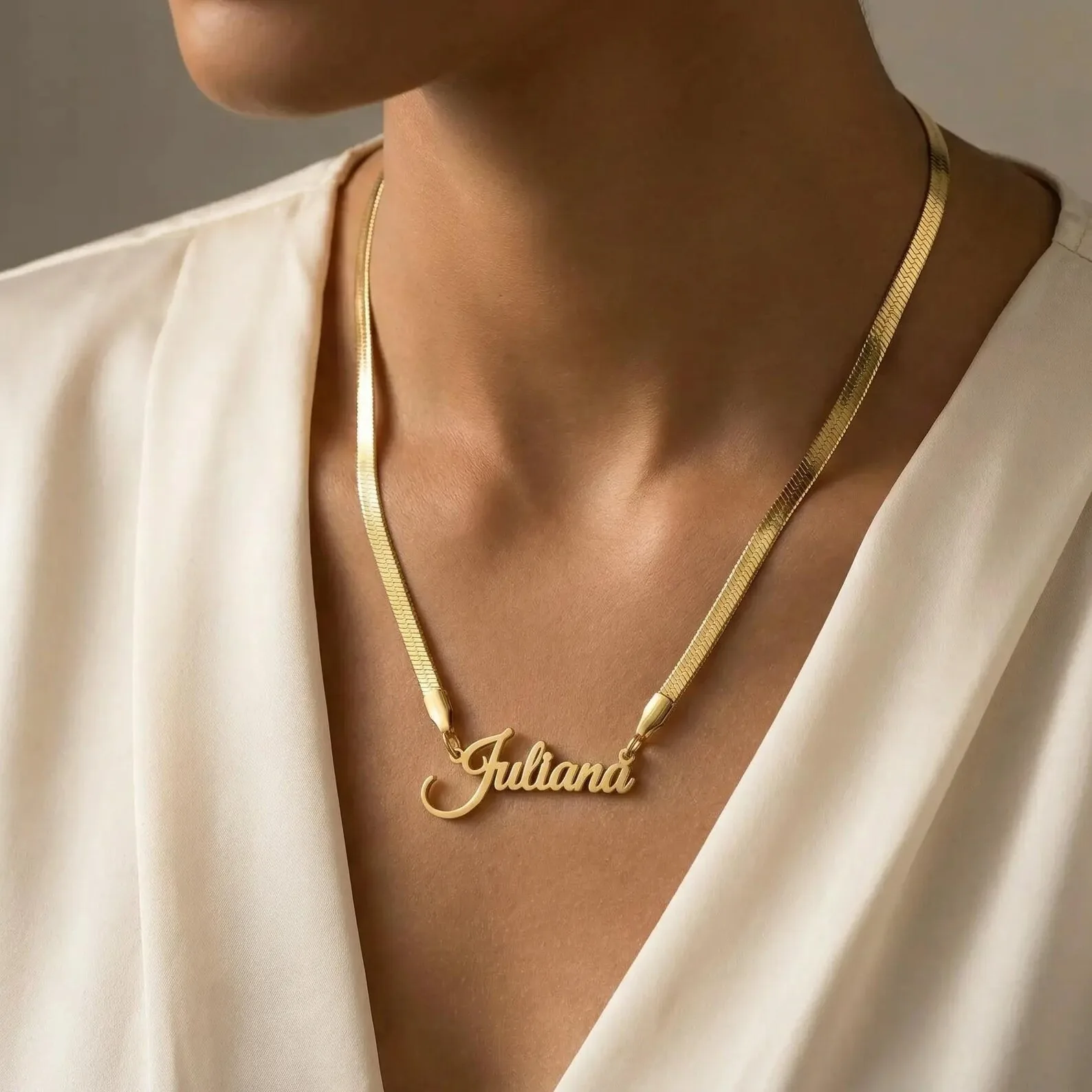 Personalized Script Name Necklace Custom Engraved Name Pendant Flat Snake Chain Necklace Elegant Birthday Gift For Her