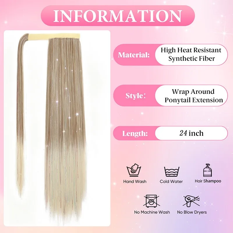 Long Straight Ponytail Synthetic Hair Extensions Highlight Wrap Around Ponytail Hairpiece With Tinsel Strands Clip In Fake Hair