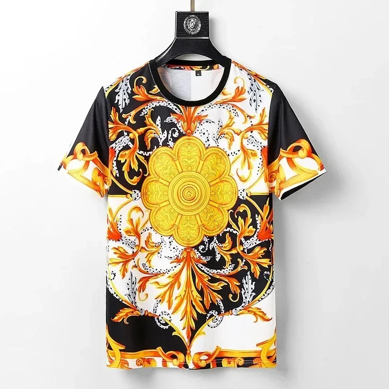 

2024 New Fashion Summer Baroque T-shirt Print 3D Floral T Shirt for Women Vintage Luxury Brand Royal Golden Flower Camisetas